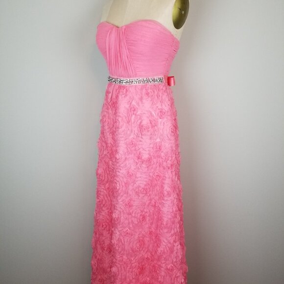 Gorgeous Ruffled Floral Coral Pink Formal Maxi Length Dress with Rhinestone Belt - Picture 4 of 12